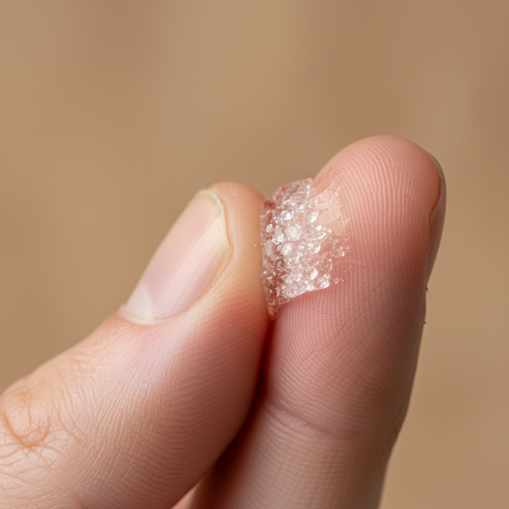 A close-up, macro photo of a thumb and index finger slightly stuck together by a small, transparent patch of dried super glue (cyanacrylat). The glue has a somewhat rough, almost crystalline appearance, firmly binding the skin. The skin texture is visible, suggesting slight tension or discomfort. The background is softly blurred, focusing entirely on the sticky fingers. This image conveys the common problem of accidental super glue contact on skin, emphasizing its tenacious bond.