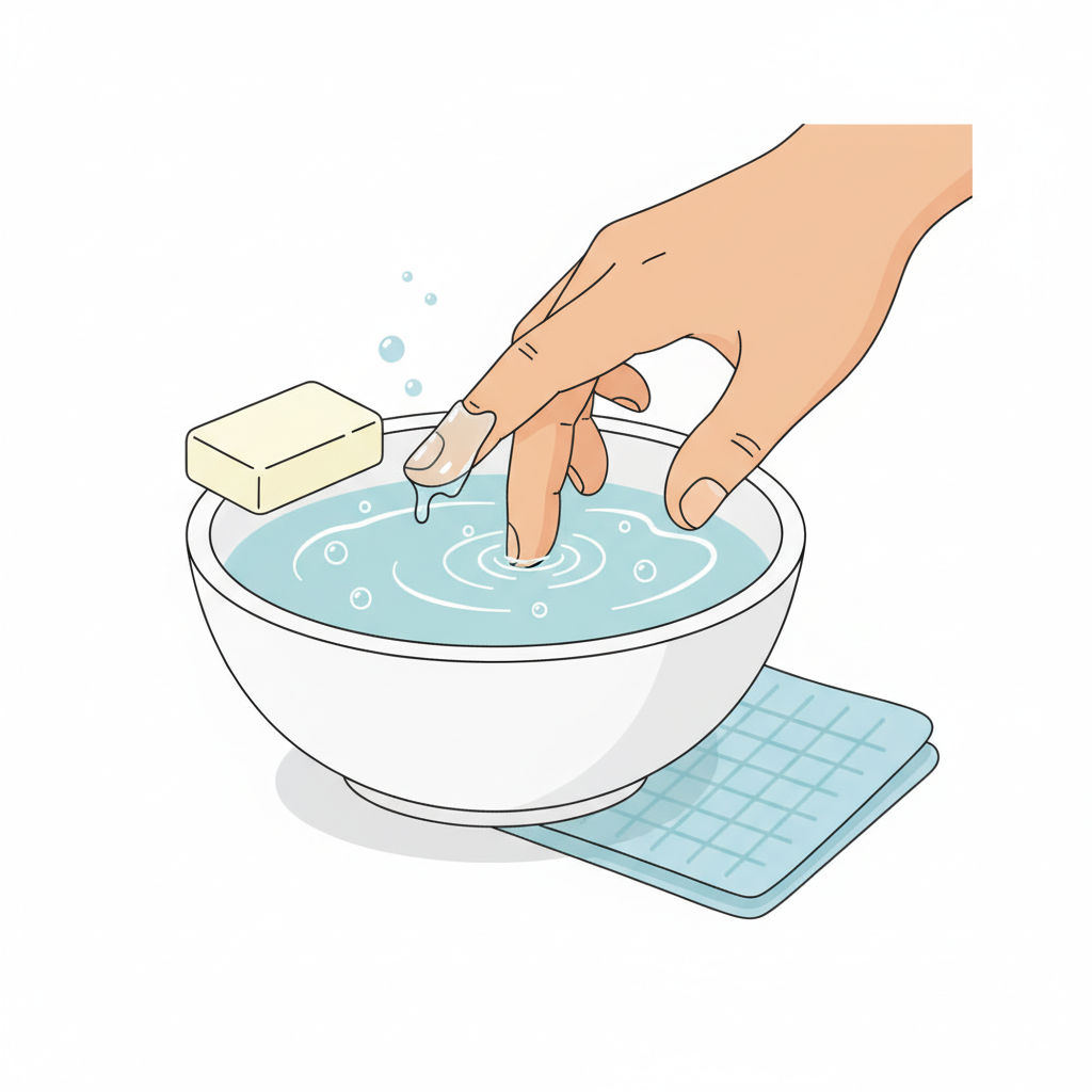A bright, clean flat illustration depicting a person's hand, specifically the fingers, soaking gently in a ceramic bowl filled with warm, bubbly water. A subtle, transparent patch of super glue residue is visible on one of the fingertips, starting to soften and lift slightly at the edges. A bar of gentle soap rests on the edge of the bowl, and a soft washcloth is subtly placed next to it. The scene conveys a sense of calm and gentle removal.