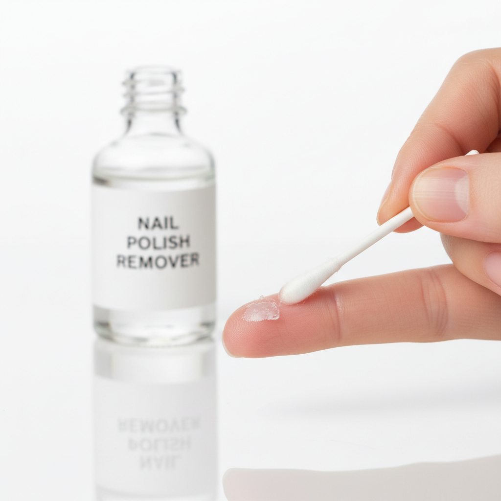 A professional, clean studio photo showing a hand carefully applying acetone to a spot of dried super glue on a fingertip. A cotton pad or a cotton swab, saturated with a clear liquid, is gently pressed against the glue, which appears slightly discolored or dissolving. In the background, slightly out of focus, stands a generic bottle of 'Nail Polish Remover' (without any brand labels or text), emphasizing the active ingredient. The lighting is bright and clear, highlighting the precision of the action.