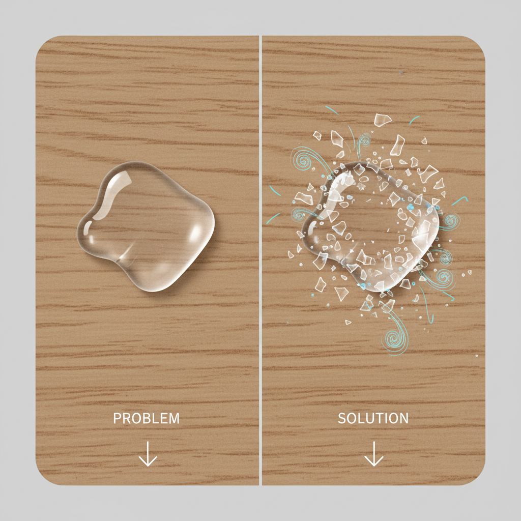 An infographic-style illustration depicting the process of super glue removal on a surface. On one side, a small, hardened blob of transparent super glue is firmly adhered to a generic surface (e.g., wood grain or plastic). On the other side, the same glue residue is shown visibly flaking off or dissolving, with abstract visual elements suggesting the action of a solvent or physical removal. The overall aesthetic is clean, clear, and easy to understand, with a focus on problem-solution.