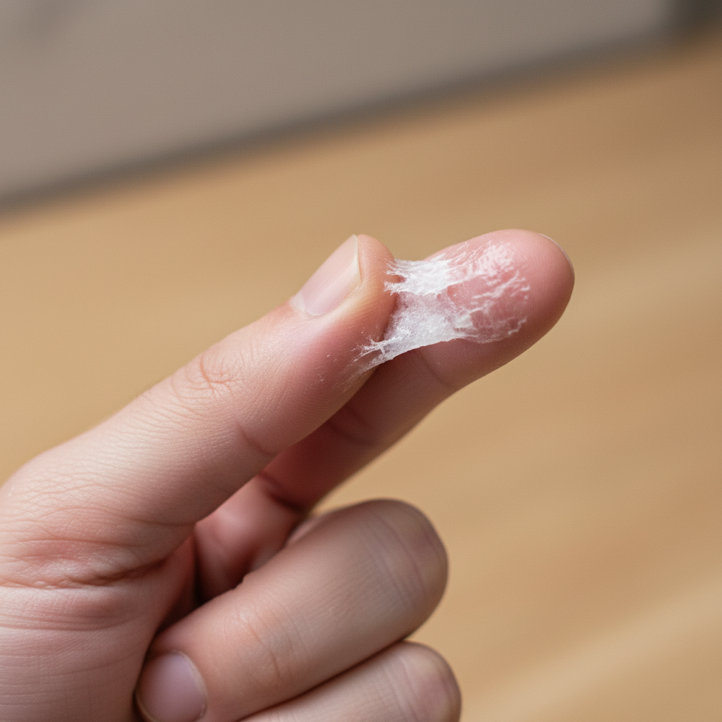 A close-up, high-angle professional photo showing two fingers (e.g., index and middle finger) on a person's hand partially stuck together by dried, slightly milky super glue. The glue creates a thin, visible bridge between the fingers, illustrating the common problem of accidental adhesion. The skin around the glue might show a slight, subtle tension or slight redness, conveying discomfort. The focus is sharp on the affected area, with a softly blurred background.