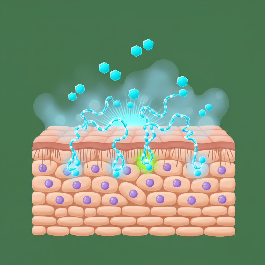 A detailed, modern scientific illustration in an infographic style. The image depicts a highly magnified cross-section of human skin, showing a few layers of epidermal cells. Above this, small, distinct cyanacrylate monomer molecules are shown. Tiny water molecules or a subtle moisture mist are present, triggering the transformation of the monomers into long, entangled polymer chains that are strongly binding to the skin's surface proteins. Use a clean, vibrant color palette to represent the chemical reaction.