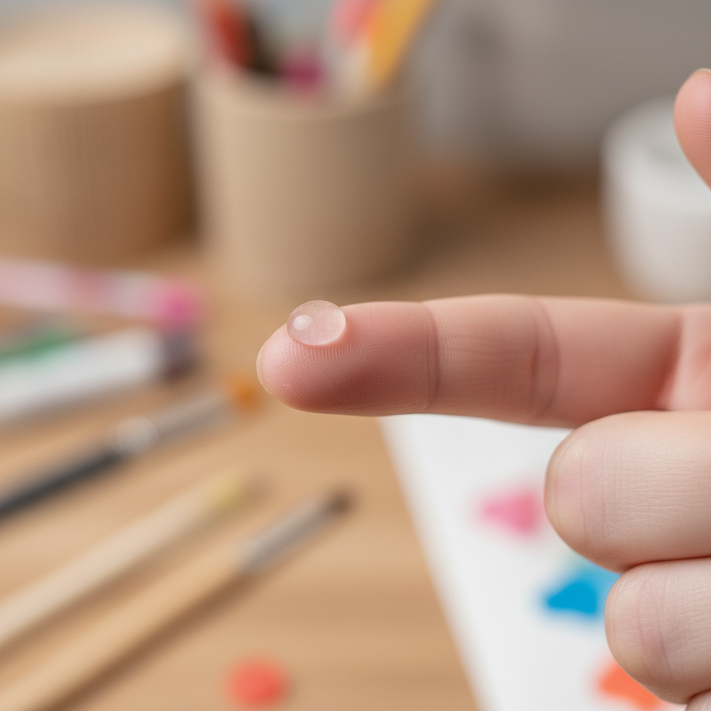 A professional photo capturing a moment of mild surprise or realization. A person's hand is slightly recoiled, with a fresh, still-wet bead of clear, glistening super glue visible on the tip of one finger. The glue appears viscous and slightly reflective. The background is softly out of focus, suggesting a typical home or workshop environment, perhaps with tools or craft supplies subtly visible. The focus is entirely on the sticky finger, conveying the immediate 'oops' moment.