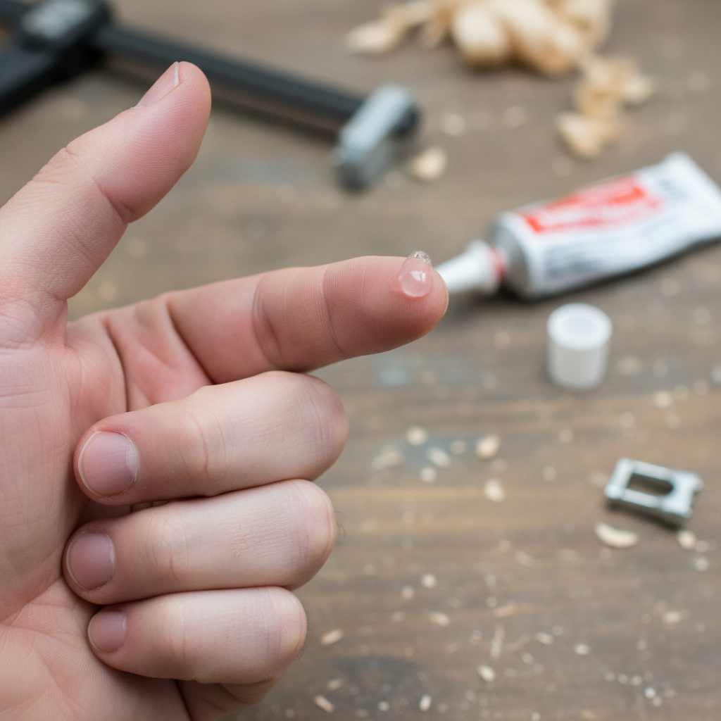 A close-up, professional photo of a person's hand. Their index finger and thumb are slightly adhered together by a small, hardened spot of clear superglue. The skin around the glue shows a slight tension, conveying mild discomfort or annoyance. In the softly blurred background, a small, partially open tube of superglue lies on a workbench or table, suggesting the context of an accident. The focus is sharp on the affected skin and glue.