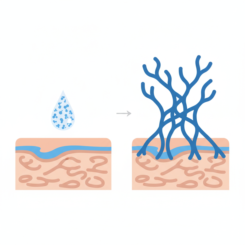 A clean, modern flat illustration in an infographic style depicting the scientific process of superglue adhesion. On one side, a small drop of liquid (representing cyanacrylate molecules as small, unconnected shapes) hovers just above a stylized cross-section of skin, which clearly shows a thin blue layer representing moisture. On the other side, the same molecules are shown as long, intertwined chains firmly attached to the skin layer, illustrating rapid polymerization and strong bonding upon contact with moisture.