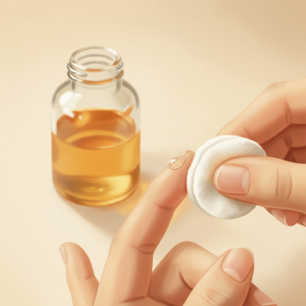 A warm, inviting digital painting illustrating a gentle method of superglue removal. A person's hand, with a small, clear patch of superglue on a fingertip, is gently being treated. A soft, white cotton pad or cloth is carefully dabbing the glued area. In the background, slightly out of focus, a generic bottle (without any visible label or brand) with a hint of liquid inside suggests a gentle solvent like oil or acetone. The overall mood is calm and reassuring, emphasizing care.