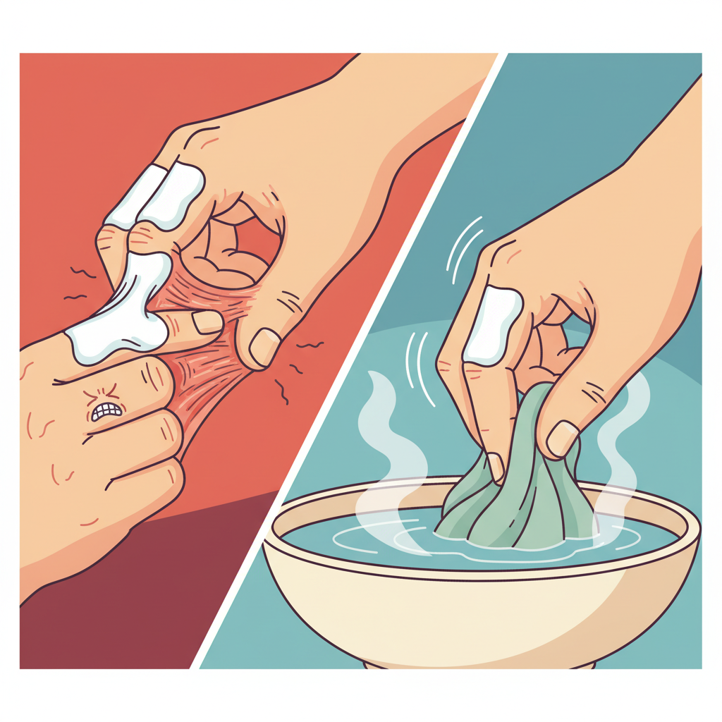 A contrasting illustration depicting safe versus unsafe superglue removal. On the left, a pair of hands or fingers are shown forcefully pulling apart, the skin stretched and reddened around a visible patch of superglue, indicating pain and potential damage. On the right, the same hand is shown with the superglue, but instead of pulling, a warm, steamy bowl of water (represented by subtle steam lines) is nearby, suggesting soaking, or a gentle rubbing motion with an unseen soft cloth. The contrast should be stark, highlighting the danger of violent pulling.
