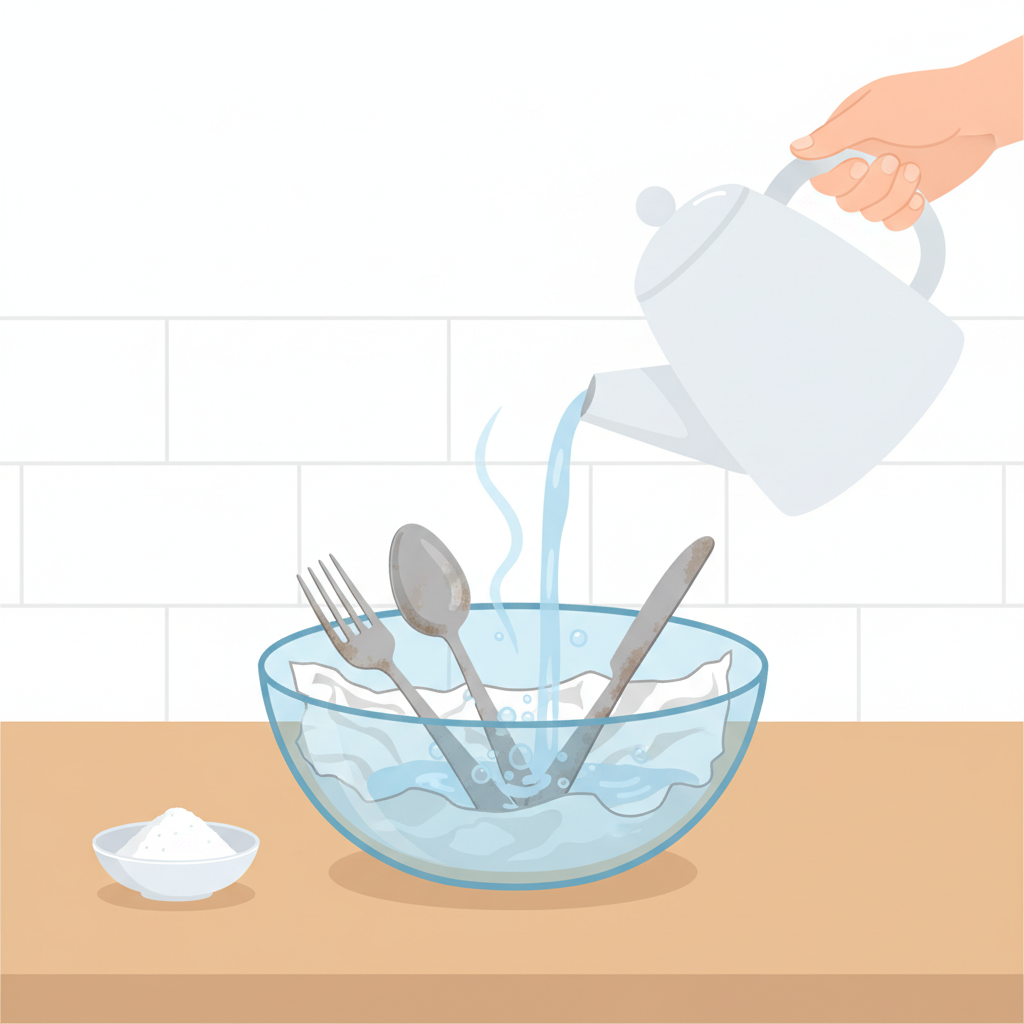 A clean, bright flat illustration depicting the preparation steps for cleaning silverware. A transparent glass bowl is clearly lined with a crumpled sheet of aluminum foil, shiny side up. Several pieces of tarnished silver cutlery (fork, spoon, knife) are nestled inside, making contact with the foil. A hand is gently pouring a stream of hot water into the bowl, with a small pile of baking soda visible next to the bowl, ready to be added. The setting is a minimalist kitchen counter.