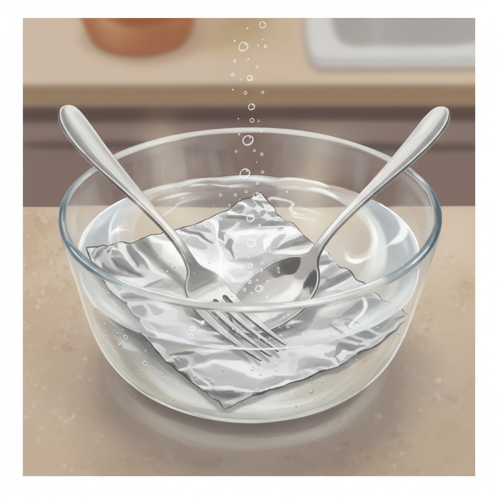 A realistic, slightly stylized illustration focusing on the electrochemical reaction. Inside a clear glass bowl, silver cutlery (fork, spoon) rests against aluminum foil, submerged in a transparent liquid. Subtle, ethereal bubbles rise from the silver and foil, suggesting a chemical process. A faint, soft glow emanates from the surface of the silver, symbolizing the removal of tarnish and the restoration of shine. The background is blurred to emphasize the reaction in the bowl.