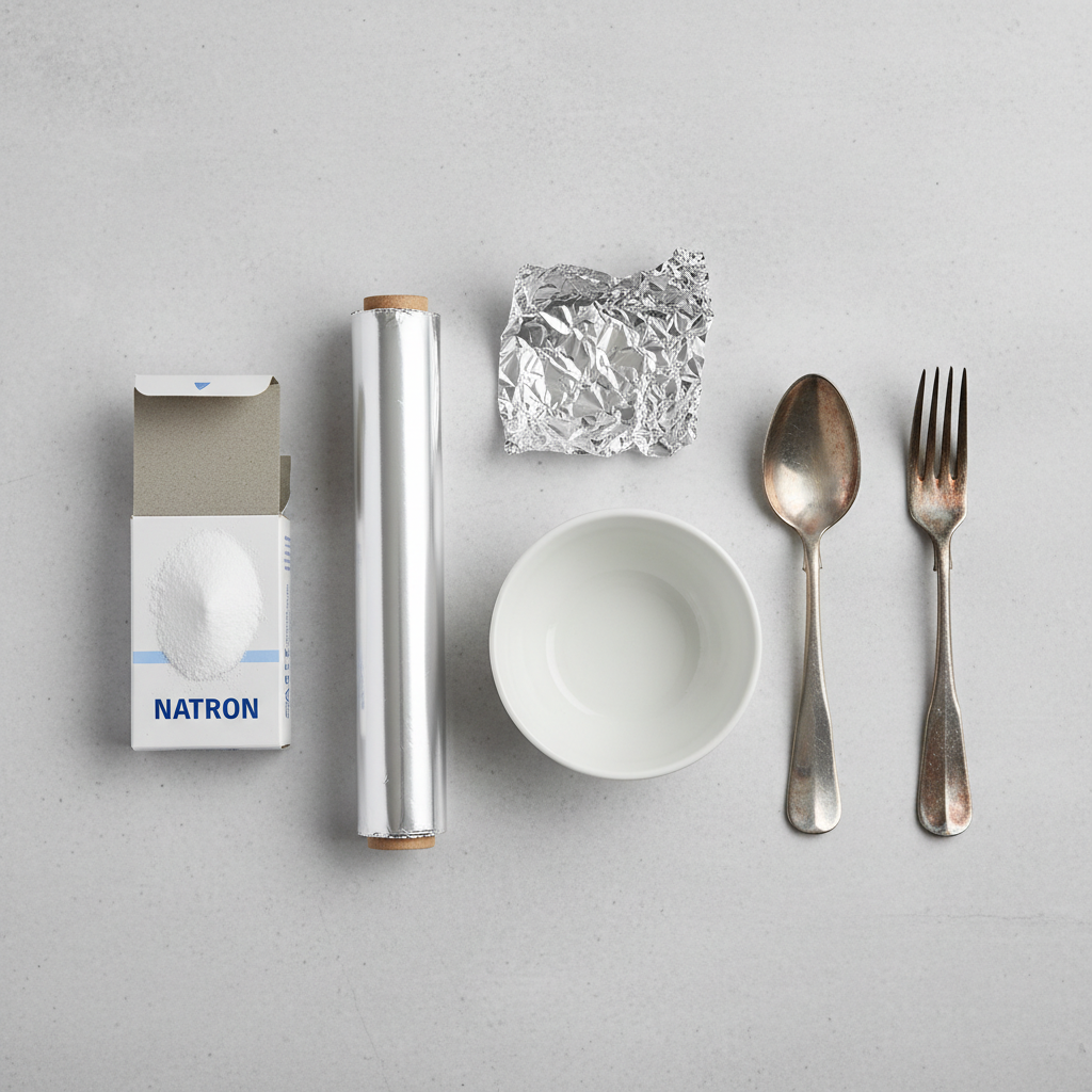 A top-down professional flat lay photograph showcasing all the essential ingredients and tools for the silver cleaning method. Arranged neatly on a light, neutral surface are a roll of aluminum foil, an open box or container of baking soda (Natron), a shiny clean silver spoon, and a tarnished silver fork. A small, elegant heat-resistant ceramic bowl is also part of the arrangement. The composition is clean, organized, and inviting, emphasizing simplicity and accessibility.