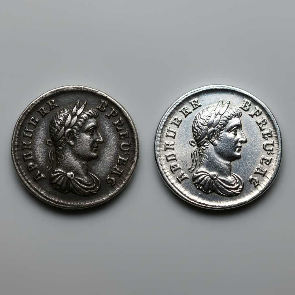 A high-resolution close-up comparison of two antique silver coins. One coin is visibly tarnished with a dull, dark, almost black surface, showing significant silver sulfide buildup that obscures its details. The coin next to it is sparkling clean and brilliant, reflecting light beautifully and showcasing its intricate engravings and bright, silvery luster. The background is a soft, neutral blur, emphasizing the striking contrast between the before and after states. Style: Professional product photography.