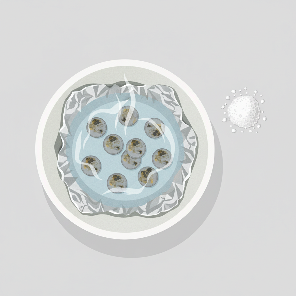 A clear, top-down illustrative shot of the setup for the aluminum foil cleaning method. A ceramic bowl contains crumpled aluminum foil lining its bottom. Hot, steaming water is partially filling the bowl, and several tarnished silver coins are carefully arranged on the foil. A small, separate pile of white salt crystals is visible next to the bowl, ready to be added. The overall scene is clean, organized, and well-lit. Style: Bright, clean, and detailed flat illustration.