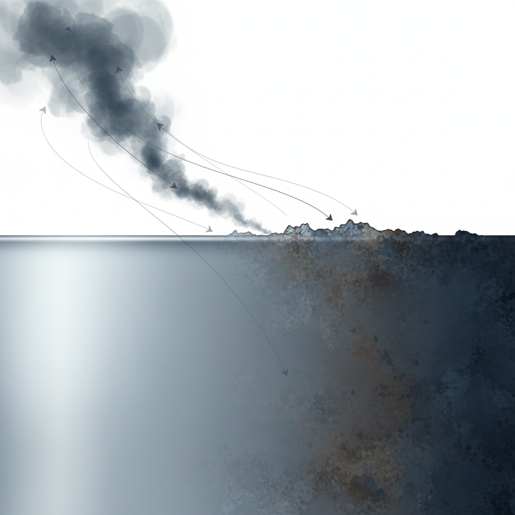 A conceptual scientific illustration depicting the chemical process of silver tarnish formation. On one side, a polished, gleaming silver surface is shown. From the air above it, abstract representations of invisible sulfur compounds (e.g., small, dark, swirling gas particles) are descending. As these particles interact with the silver, the surface gradually darkens and develops a dull, uneven texture, illustrating the formation of silver sulfide. Style: Modern, clean scientific diagram with a subtle, dynamic visual flow.