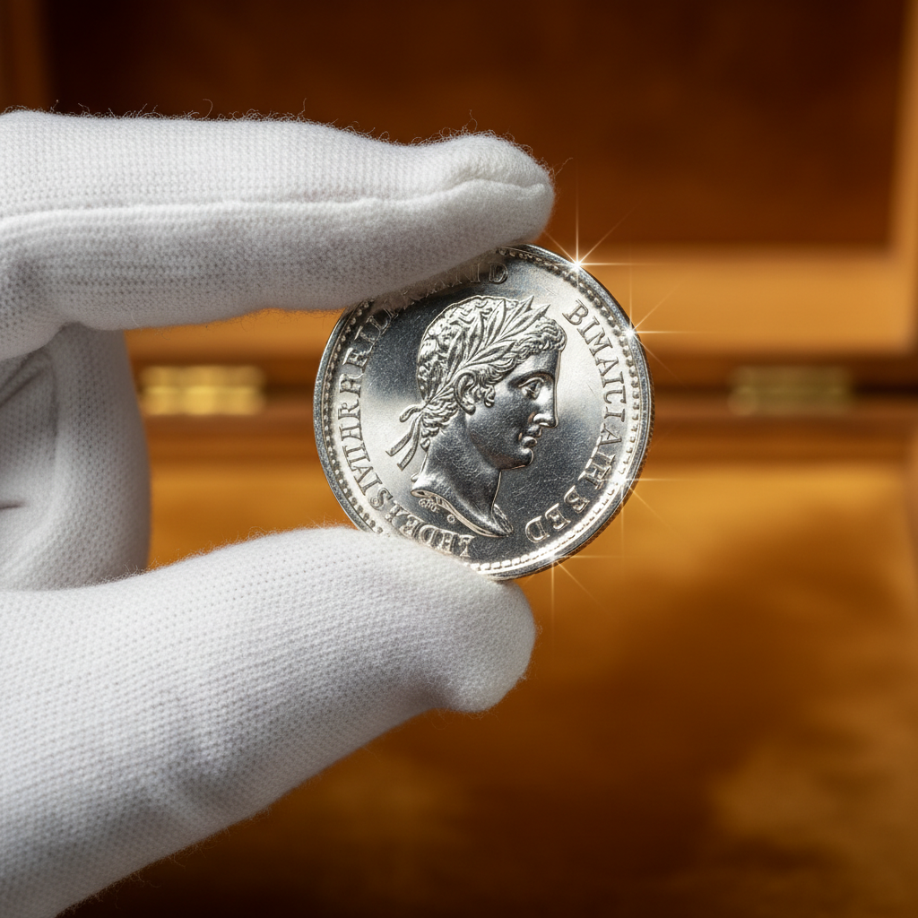 An elegant, close-up photograph of a freshly cleaned, gleaming silver coin, held carefully between two fingers, possibly gloved. The coin is angled to catch multiple light sources, creating brilliant, sharp highlights and reflections that emphasize its restored shine and intricate details. The background is softly blurred with warm, rich tones, suggesting a sense of value and preservation. Style: Artistic, high-end commercial photography with a shallow depth of field.