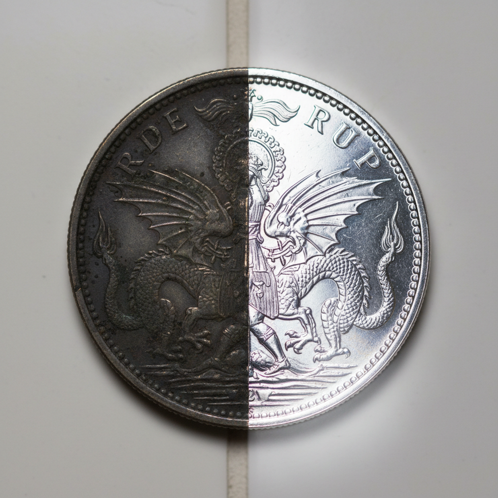 A macro, professional photo of a silver coin, visually split into two halves. One half is clearly tarnished, dark, and dull with visible oxidation and fine details obscured. The other half is sparkling clean, brilliantly shiny, reflecting light like a mirror, showcasing its intricate design. A subtle, soft glow emanates from the clean side, highlighting the dramatic contrast between the 'before' and 'after' states. The background is a clean, minimalist surface, emphasizing the coin itself.