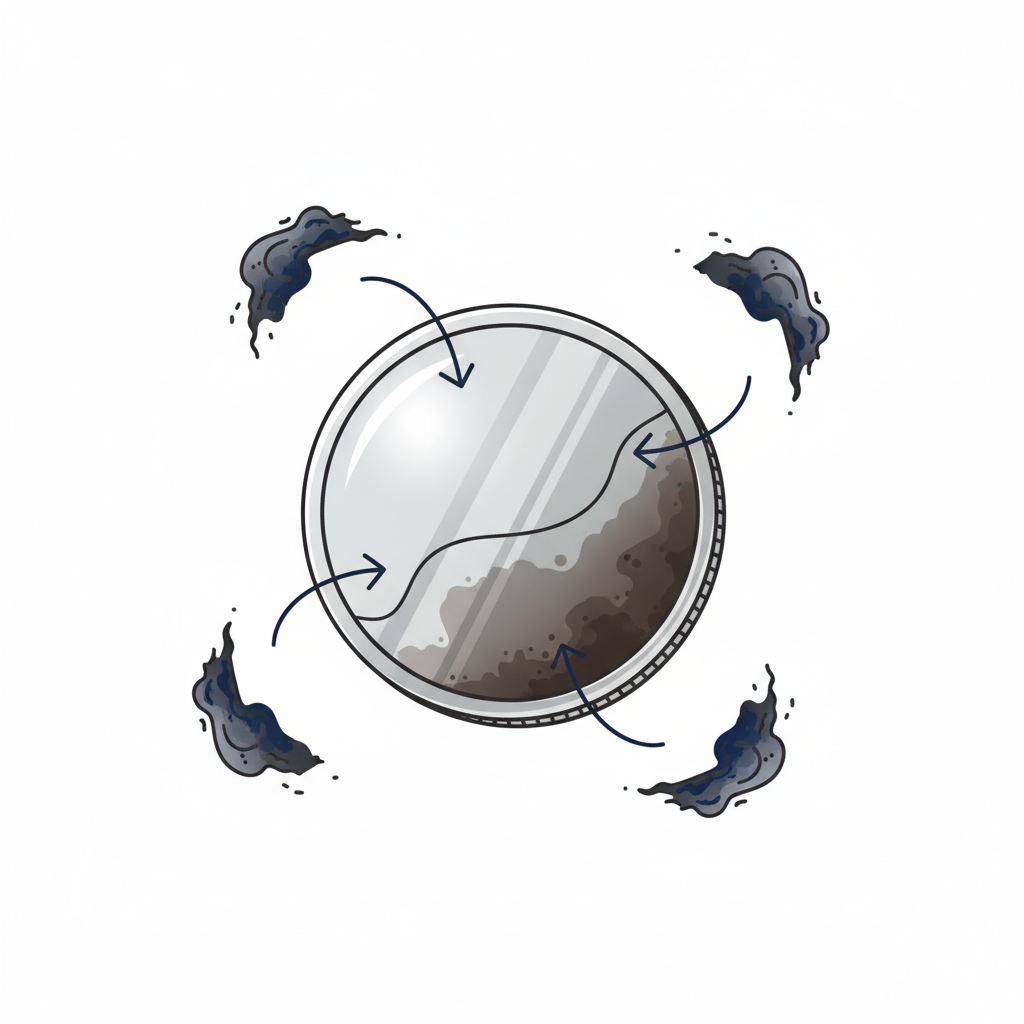 A flat illustration in an infographic style depicting the chemical process of silver tarnishing. A stylized silver coin is centrally placed, with abstract, dark, wispy sulfur particles subtly floating around it. Arrows indicate these atmospheric particles reacting with the coin's surface, forming a thin, dark, dull layer. The illustration should convey the 'air pollution' aspect affecting the silver, using clear lines and a clean, scientific aesthetic without any labels or text.