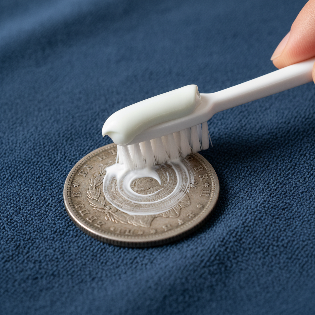 A close-up, professional photo showing the 'toothpaste method' in action. A gentle hand holds a soft, white-bristled toothbrush with a small, neat dollop of plain white toothpaste on its tip. The toothbrush is delicately rubbing the surface of a slightly tarnished silver coin, which rests on a soft, lint-free cloth. The focus is on the precision and gentleness of the cleaning action, with clear details of the coin's texture and the applied toothpaste.