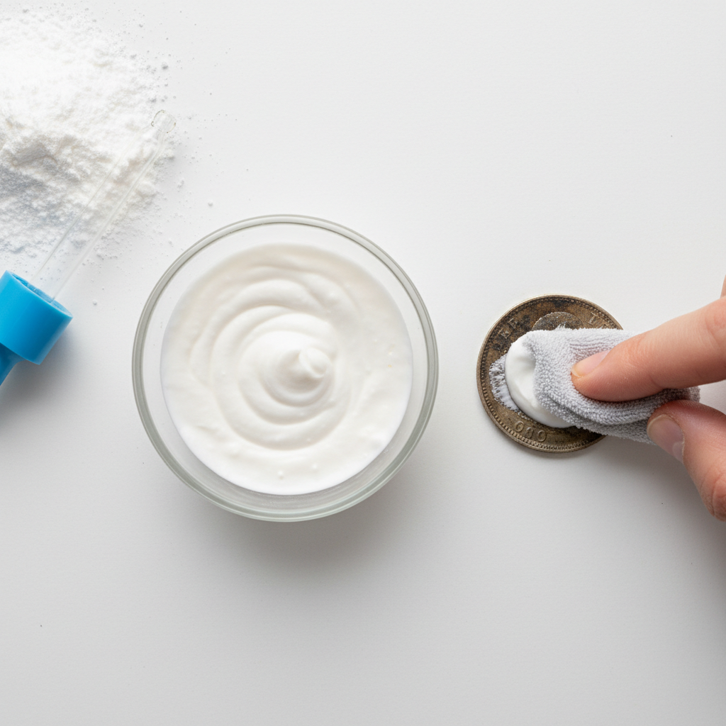 An overhead, bright flat lay photograph illustrating the 'baking soda paste method'. A small, clear bowl contains a mixture of white baking soda powder and a few drops of water, creating a thick, smooth paste. Next to the bowl, a tarnished silver coin is positioned on a clean white surface. A finger or a soft, small cloth dabbed with the prepared paste is shown gently applying it to the coin's surface. A small pile of baking soda powder and a water dropper can be subtly visible in the background.