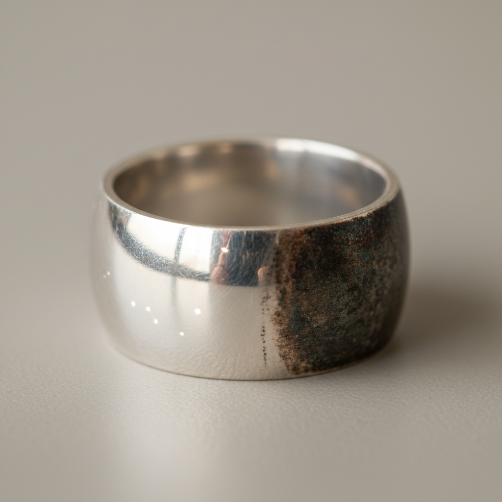 A close-up, professional photo of a silver ring, half of it gleaming brightly as if newly cleaned, and the other half visibly tarnished with dark oxidation. The contrast should be stark and clear, illustrating the 'before and after' effect discussed in the article. The background should be a soft, neutral color to highlight the ring, perhaps a shallow depth of field. Include subtle hints of light reflecting off the polished side.