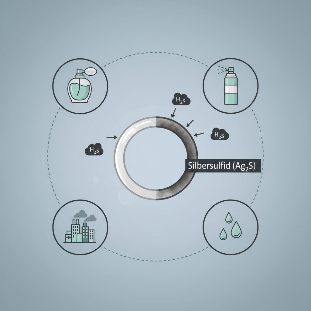 An informative flat illustration or infographic style image depicting the chemical process of silver tarnishing. Show a stylized silver ring reacting with small, dark, cloud-like representations of hydrogen sulfide (H₂S) molecules. Arrows should point to a thin, dark layer forming on the ring's surface labeled 'Silbersulfid (Ag₂S)'. Around this central reaction, include small icon-like representations of contributing factors mentioned: perfume bottle, hairspray can, a city skyline for air pollution, and sweat droplets, all subtly connected by lines or partial circles to the main reaction.