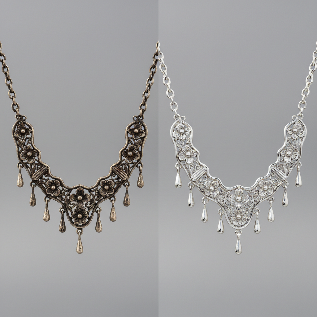 A stunning side-by-side comparison. On the left, a beautiful silver necklace with intricate details appears dull and significantly tarnished with dark spots. On the right, the exact same necklace gleams brilliantly, sparkling with its original polished luster. The background is clean and softly blurred, emphasizing the dramatic transformation. Professional product photography style, high contrast in shine.