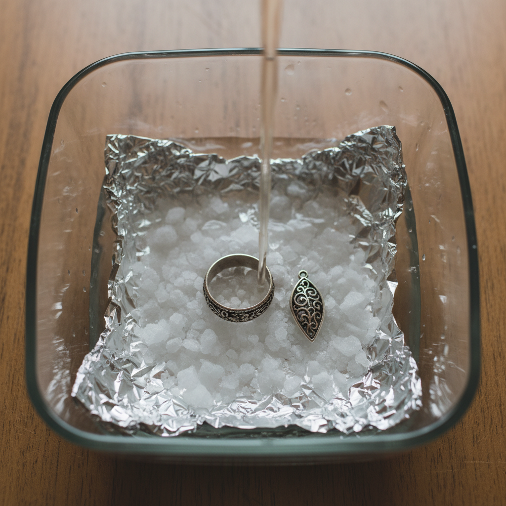 A close-up, top-down view of a clear glass or ceramic bowl. The interior is lined with crumpled aluminum foil, reflecting ambient light. Coarse white salt crystals are visible on the foil. A delicate, tarnished silver ring and a small silver pendant rest on the foil. Warm water is being gently poured into the bowl, creating a slight ripple and subtle steam. Lifestyle photography, natural light.
