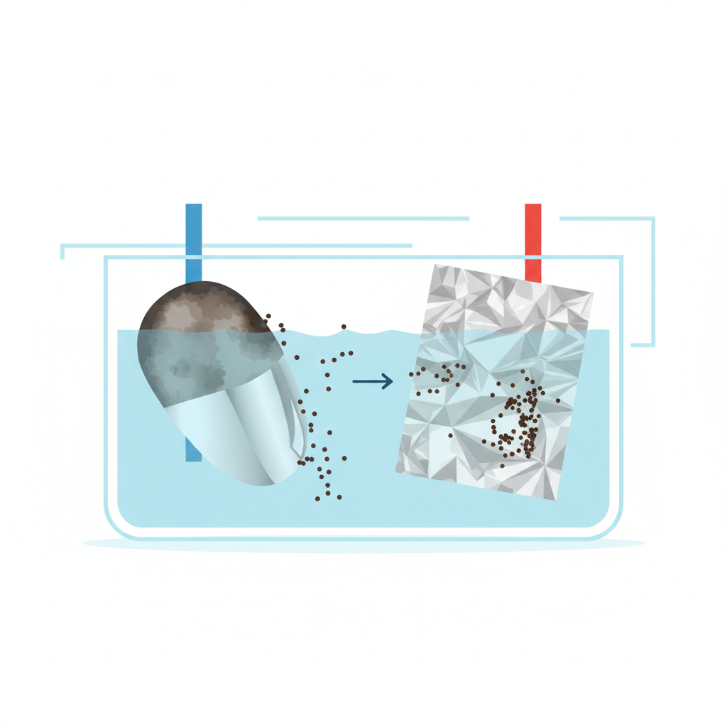 An abstract, clean infographic illustration depicting the electrochemical cleaning process. A stylized, dull silver object is submerged in a liquid bath next to a piece of aluminum foil. Tiny, dark particles are visually detaching from the silver object and migrating towards and adhering to the aluminum foil, while the silver object progressively regains a bright, reflective sheen. Use clear, distinct color coding for different elements without any text or chemical symbols.