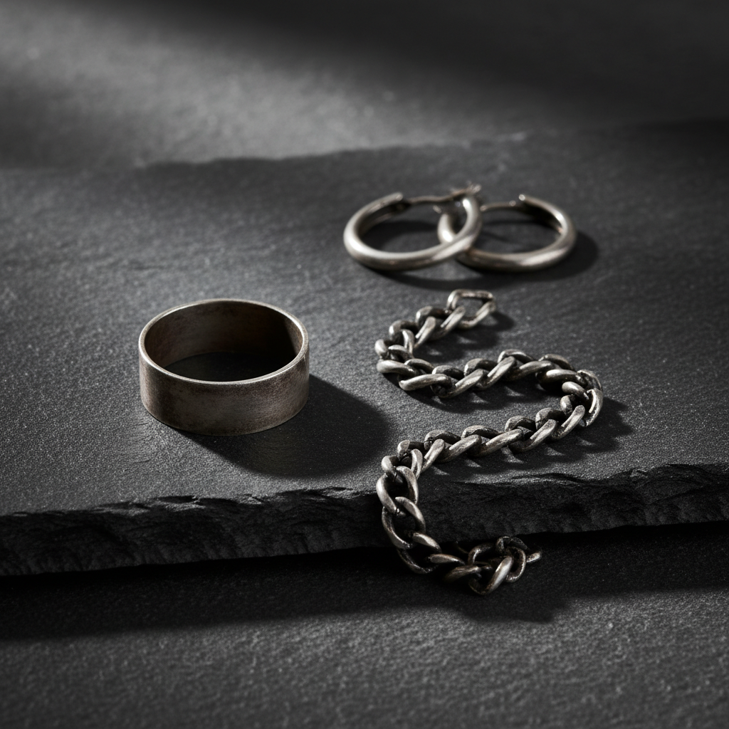 A visually appealing still life arrangement of various silver jewelry pieces, all exhibiting signs of tarnishing. This includes a subtly darkened silver ring, a tarnished silver chain with blackening in the crevices, and a pair of silver earrings showing dullness. The items are arranged artfully on a dark, textured surface, with soft, directional lighting that accentuates the lack of shine and the dark areas. Artistic photography style, focusing on texture and material.