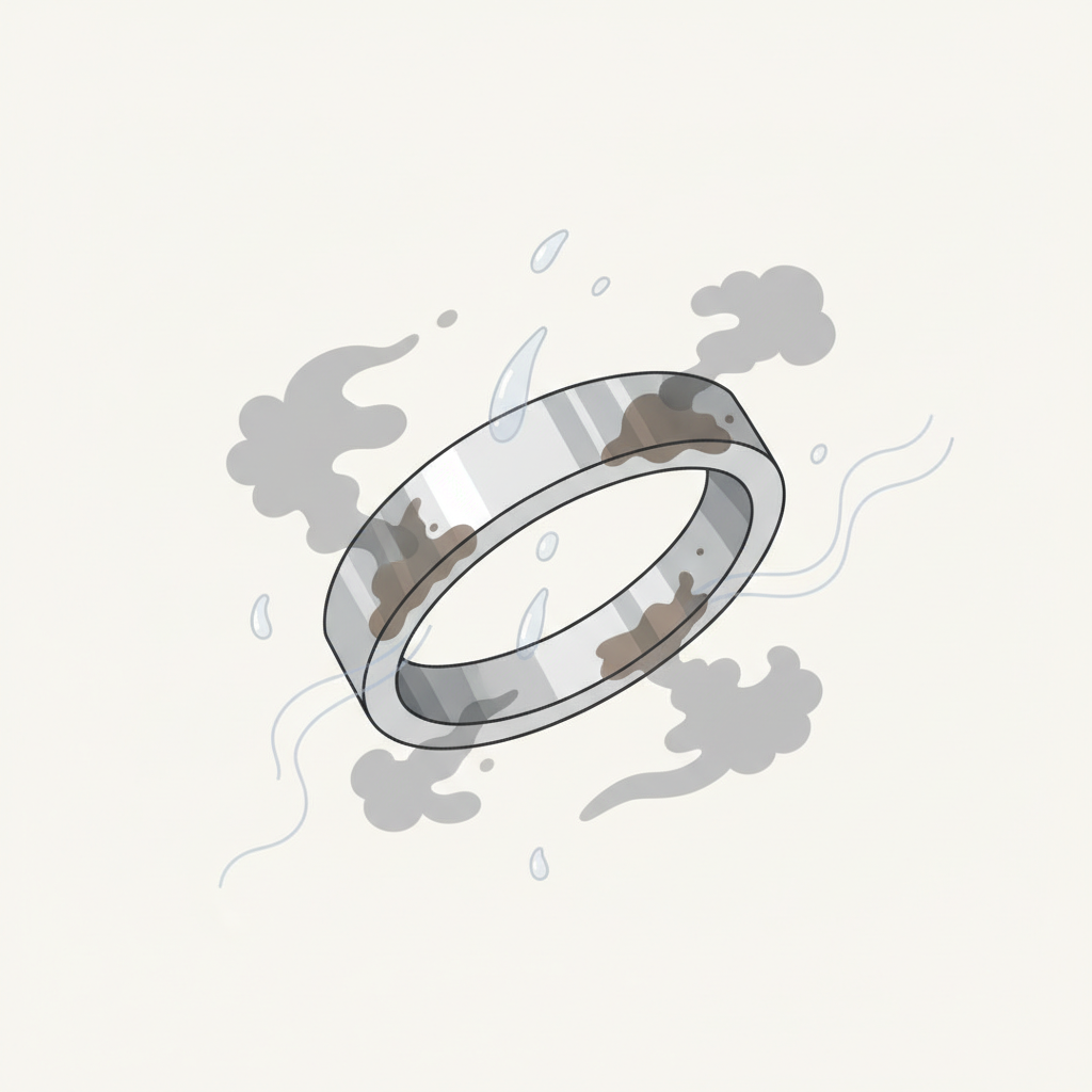 An abstract, flat illustration depicting a silver ring that is beginning to tarnish. Around the ring, subtle visual metaphors float in the air: faint, dark, cloud-like wisps represent sulfur compounds, tiny, transparent water droplets symbolize humidity, and almost imperceptible, stylized wavy lines suggest sweat. The overall scene conveys the invisible environmental factors causing silver to lose its shine, with a muted color palette.