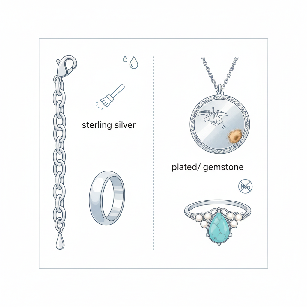 A clear, organized flat lay illustration showcasing different types of silver jewelry. On one side, a simple sterling silver chain and a solid silver ring. On the other, a silver-plated pendant with a subtle, worn-through spot revealing a different metal underneath, and a delicate silver ring adorned with luminous pearls and a vibrant, soft gemstone like turquoise. The illustration highlights the variety of materials and features requiring careful consideration before cleaning, against a clean, minimalist background in an infographic style.