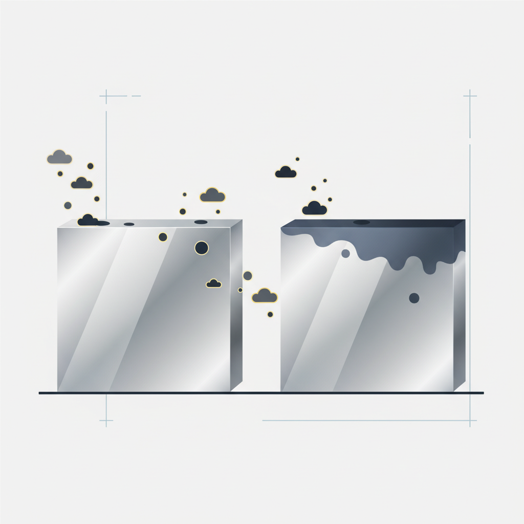 A modern, clean flat illustration depicting the process of silver tarnishing. A stylized silver surface, possibly a cross-section or an exaggerated close-up, shows a dark, thin layer forming on top. Abstract, small, dark cloud-like shapes or floating particle icons representing sulfur compounds in the air are shown interacting with the silver surface, illustrating the chemical reaction that causes the tarnish. The color palette is muted but distinct, highlighting the interaction.