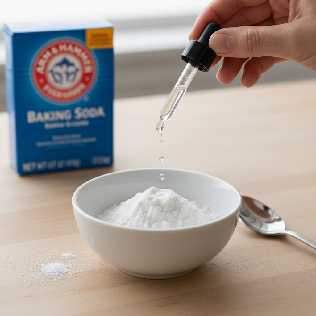 A bright, inviting illustration or a clean still-life photo focusing on the preparation of the baking soda paste. A small white ceramic bowl contains a pile of white baking soda powder. A hand (or simply a clean spoon) is carefully adding a few drops of water from a small dropper or a subtly indicated water source into the bowl, beginning to mix the paste. A full package or container of baking soda is visible in the background, reinforcing the main ingredient. The scene is tidy and well-lit, emphasizing ease of preparation.