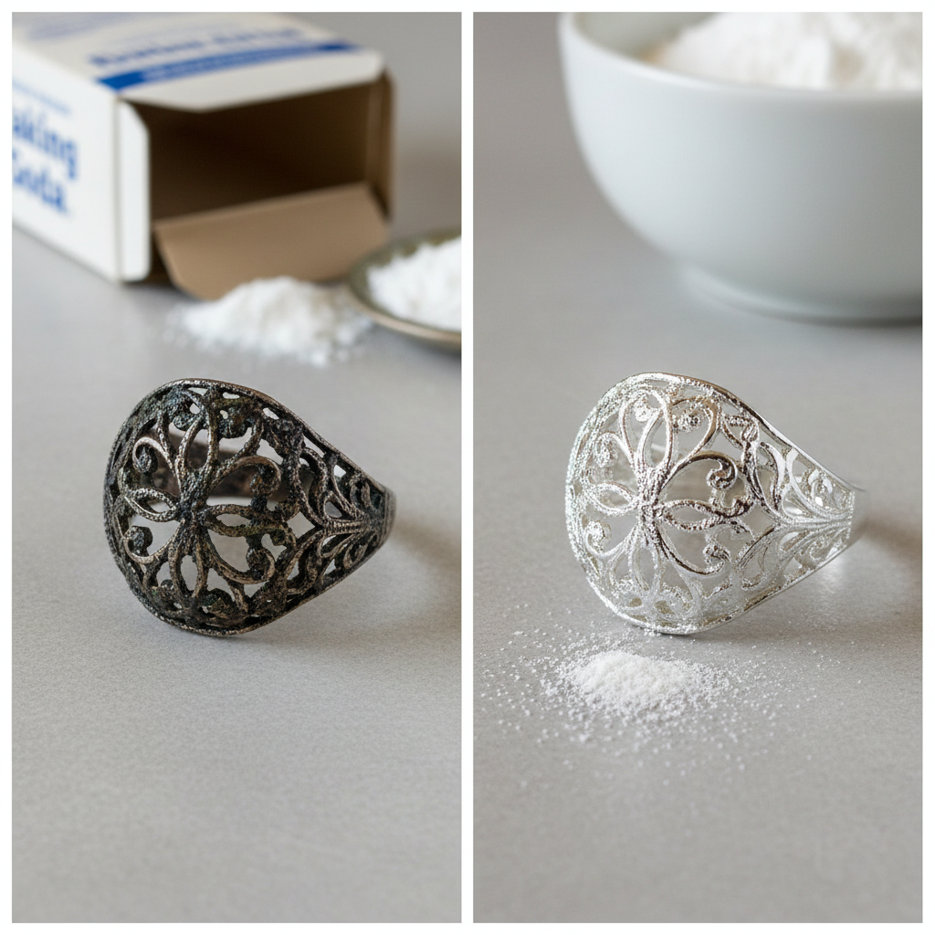 A visually appealing split image or 'before and after' comparison. On one side, a dull, heavily tarnished silver ring or necklace lies on a neutral surface, clearly showing dark discoloration. On the other side, the identical piece of silver jewelry sparkles brilliantly, reflecting light, pristine and clean. In the background, a small, subtle hint of a baking soda box or loose powder suggests the cleaning agent. High-quality professional photo with soft, natural lighting.