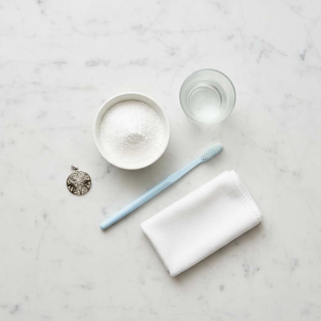 A bright, clean flat lay illustration showcasing all the necessary items for the baking soda paste cleaning method. Arrange a small white bowl, a pile of white baking soda powder, a small glass of clear water, a soft-bristled toothbrush (perhaps light blue or white), and a folded soft microfiber cloth (light grey or white) aesthetically on a light wooden or marble surface. A subtly tarnished silver pendant or earring could be placed nearby, implying its upcoming treatment. Clean, modern, inviting infographic style.