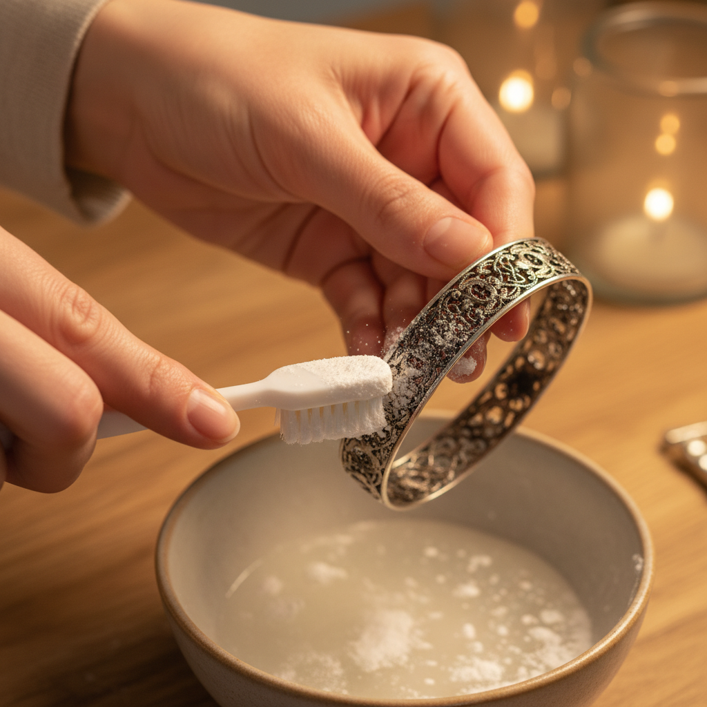 A close-up, action-oriented professional photo of hands gently cleaning a piece of silver jewelry. A person's clean hands are holding a tarnished silver ring or bracelet over a small bowl. A soft-bristled toothbrush, coated with a white baking soda paste, is carefully scrubbing the jewelry surface. Focus on the detail of the paste on the brush and jewelry, with water droplets or a subtle sheen indicating moisture. The background is softly blurred, keeping the focus on the cleaning process. Warm, inviting lighting.