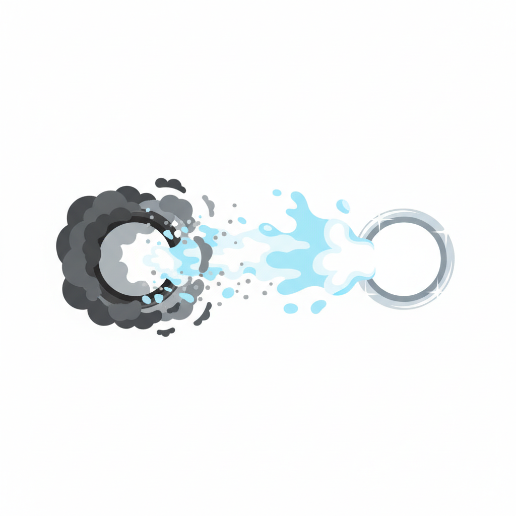 A dynamic, conceptual flat illustration depicting the transformation of tarnished silver. On one side, a dull, dark silver ring is surrounded by abstract, dark grey 'tarnish' cloud shapes. Flowing towards it from the other side are vibrant, white, and light-blue abstract elements representing baking soda and water. These elements are dissolving the 'tarnish' and leaving a path to a sparkling, bright silver ring on the opposite side, radiating subtle white light. Use a clean, modern illustration style with clear visual metaphors for cleaning and restoration.
