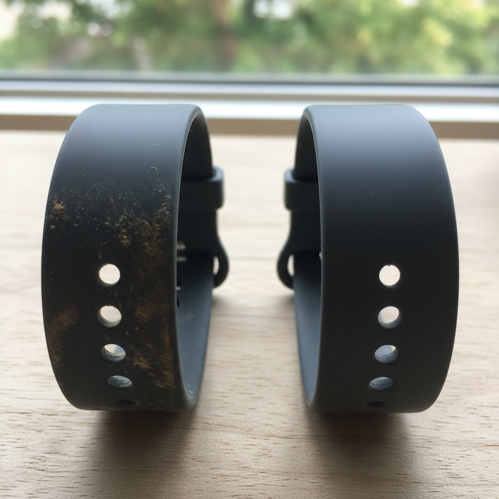 A close-up, professional photo of a dirty silicone smartwatch band next to a sparkling clean one. The dirty band should show clear signs of grime, discoloration, and a dull finish, while the clean band looks brand new, vibrant, and smooth. Focus on the contrast between neglected and well-maintained. Soft, natural lighting.