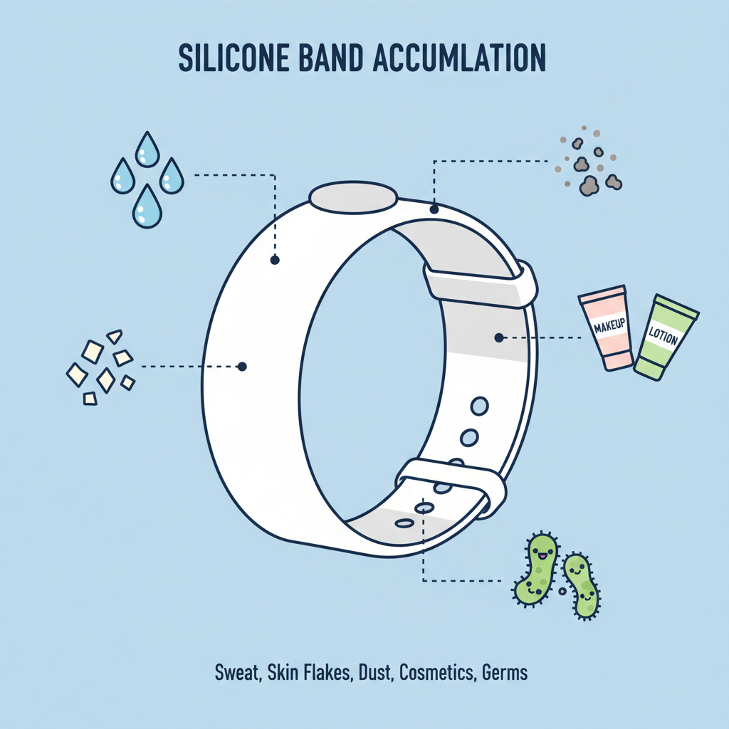 An infographic-style illustration depicting the various elements that accumulate on silicone bands. Show icons or small caricatures of sweat droplets, skin flakes, dust particles, cosmetic tubes (make-up, lotion), and bacteria/germs, all converging on a stylized silicone band. Use a clean, modern aesthetic with a limited color palette.