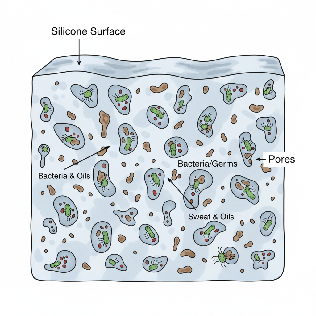 A detailed diagrammatic illustration of a cross-section of a silicone material. Highlight the microscopic pores where dirt and bacteria can accumulate. Show tiny, stylized representations of bacteria and grime nestled within these pores. Use a scientific drawing style with clear labels for 'Silicone Surface,' 'Pores,' 'Sweat & Oils,' and 'Bacteria/Germs.'