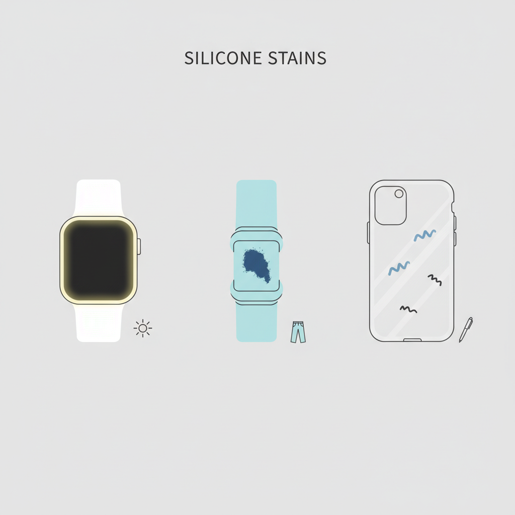 A flat illustration showing different types of stains and discoloration on various silicone items. Include a smartwatch band with a yellowish tint, a colored bracelet with dark denim dye transfer, and a phone case with faint ink marks. Each item should have a small, subtle icon indicating the source of the stain (e.g., a pair of jeans, a pen, a sun icon). The overall style should be minimalist and clean.