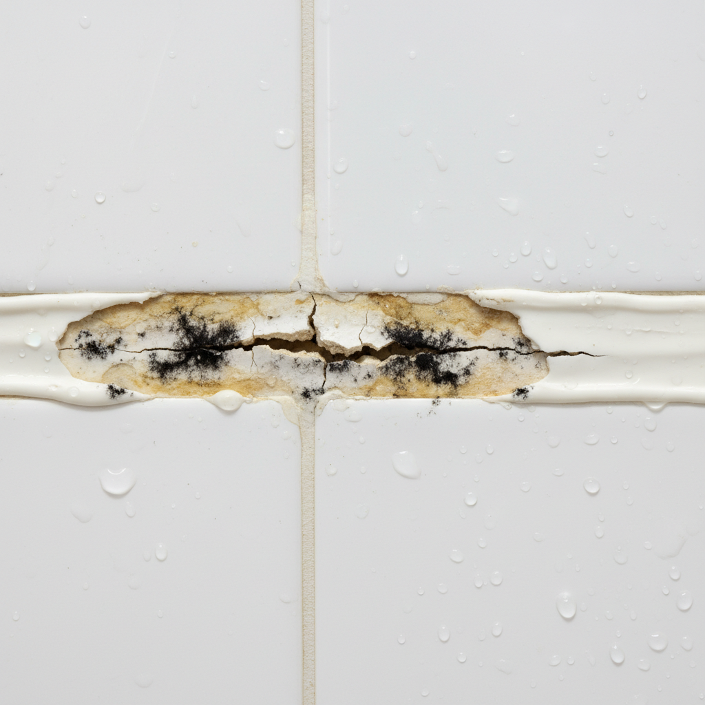 A professional, detailed macro photograph focusing on a problematic silicone joint in a shower. The joint should be clearly visible between white ceramic tiles. Showcase significant cracks, dark discoloration, and noticeable patches of black mold growth along the silicone line, indicating wear and tear. The surrounding tiles should be clean but slightly out of focus, emphasizing the deteriorating condition of the joint. The lighting should highlight the texture of the damaged silicone.