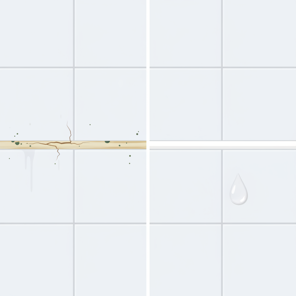 A clean, modern flat illustration depicting a 'before and after' concept for silicone joints in a shower. On one side, show a section of shower wall with tiles and an old, cracked, discolored silicone joint with subtle mold spots. On the other side, show the identical section with a perfectly new, smooth, clean, white silicone joint sealing the gap flawlessly. Use a subtle visual cue like a droplet of water beading off the new joint to signify protection, contrasting with potential moisture penetration on the old joint side. No dividing line should have text.