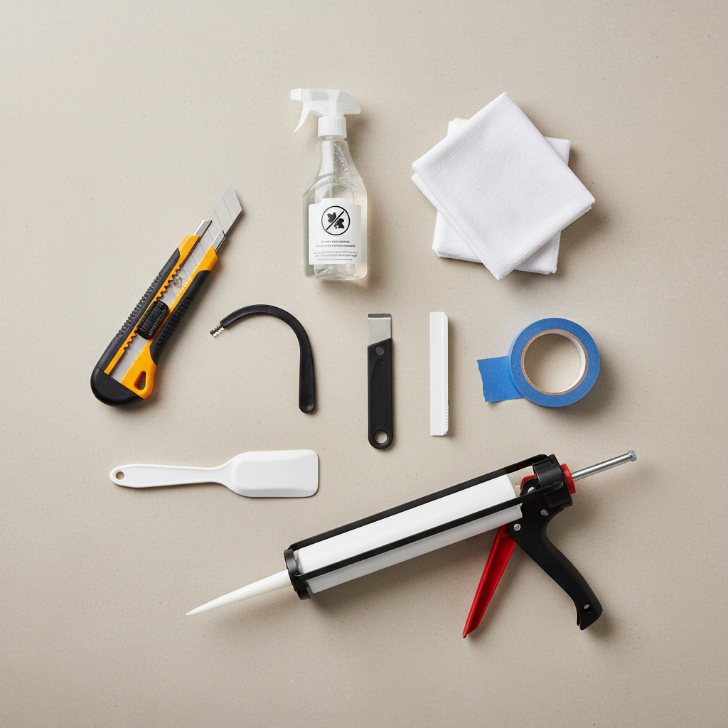 A high-quality flat lay photograph showcasing the essential tools and materials for renewing shower silicone joints. Arrange a cutter knife or specialized joint scraper, a small spatula or scraper, a spray bottle labeled as cleaner (without actual text, just visually suggesting cleaner), a stack of cleaning cloths, a roll of blue painter's tape, and a silicone cartridge gun with a cartridge inserted. All items should be neatly organized on a neutral, light-colored background, well-lit and in sharp focus.