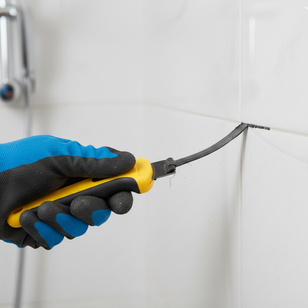 A professional close-up action photograph of a hand, wearing a work glove, carefully using a specialized silicone joint scraper or a cutter knife. The tool is actively removing a long, dark, old strip of silicone from the joint between two white shower tiles. Show the old silicone peeling away, revealing the clean gap beneath. The focus is on the precision and the removal process. The background of the shower wall should be slightly blurred to keep attention on the hand and the joint.