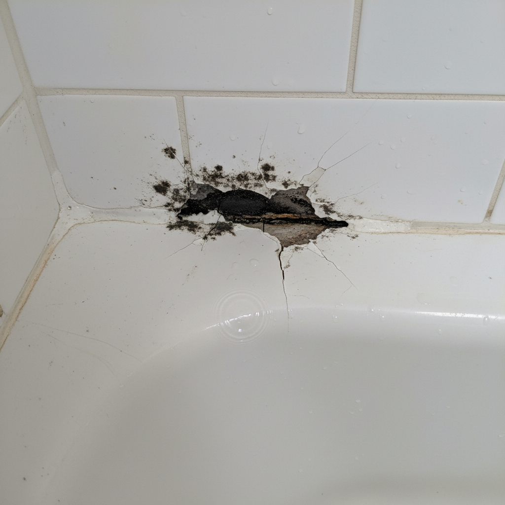 A close-up, slightly elevated professional photo of a tiled bathroom wall or bathtub edge. The white silicone joint is visibly discolored with large patches of black mold, cracks, and areas where it has peeled away from the surface. A subtle ripple of water or a damp patch near the base of the joint suggests water ingress. The scene emphasizes neglect and the need for renewal.