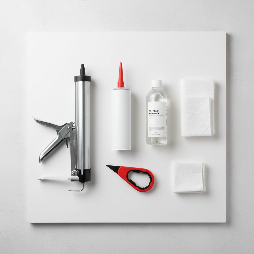 An overhead flat lay studio photo showcasing all the essential tools and materials for silicone joint renewal. Neatly arranged on a clean, light-colored surface are a silicone sealant cartridge (generic, no branding), a caulking gun, a bottle of silicone remover, a multi-tool for silicone removal and smoothing, and a stack of clean cloths or paper towels. The items are clearly visible and well-lit.