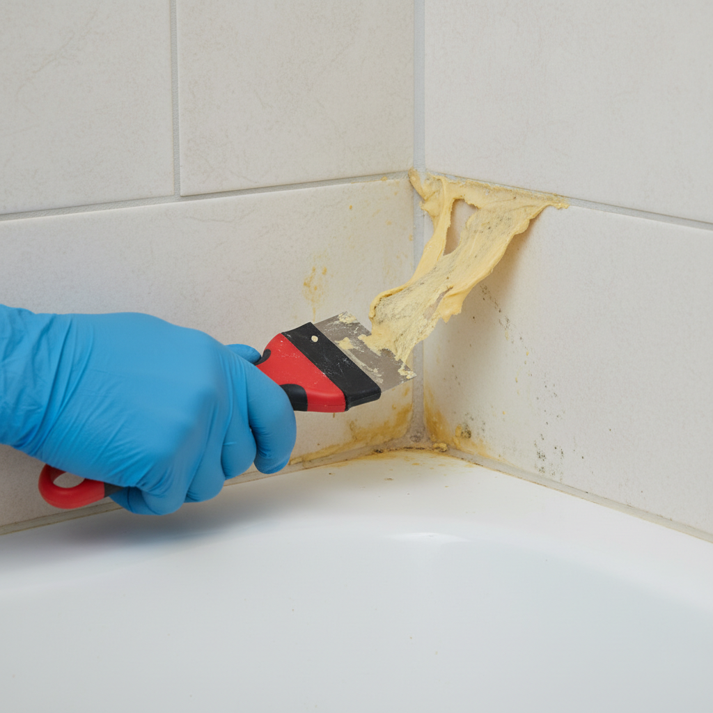 A professional close-up photo illustrating the removal of old silicone. A gloved hand is carefully using a specialized silicone scraper tool or a utility knife to peel away a long strip of discolored, old silicone from the joint between a white bathtub and ceramic wall tiles. The remaining joint area shows residue, emphasizing the 'before' state and the ongoing cleaning process.