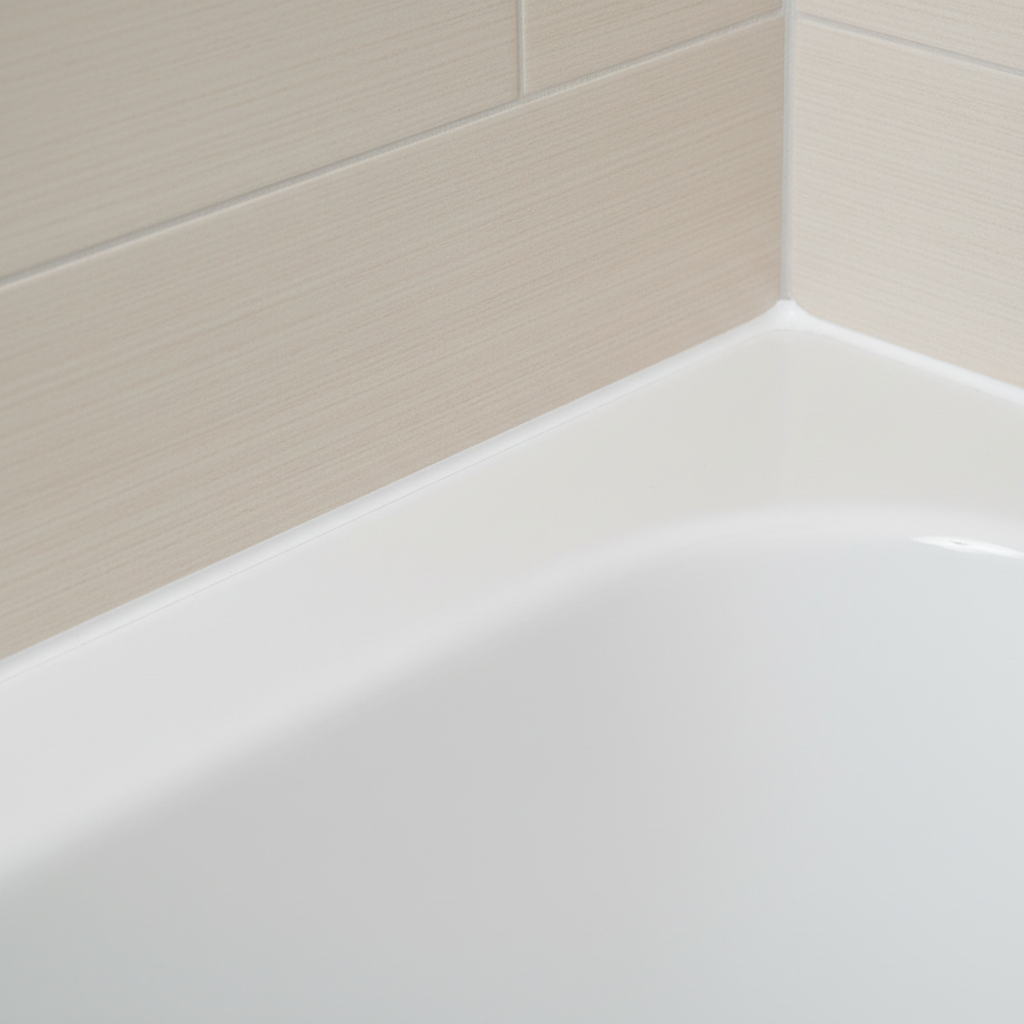 A vibrant, professional close-up photo of a perfectly renewed, smooth, and clean white silicone joint. It seamlessly seals the edge where a modern, glossy white bathtub meets pristine, light-colored ceramic wall tiles. The joint is perfectly uniform, free of imperfections, and radiates cleanliness and durability, highlighting the fresh, finished look of a renovated bathroom.