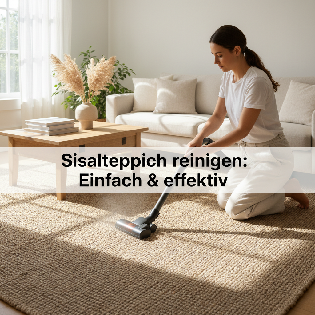 A bright, professional photo of a modern living room featuring a clean, natural sisal carpet. Sunlight gently illuminates the fibrous texture. A person is carefully vacuuming a section of the rug with a soft, non-rotating attachment, emphasizing regular, gentle care. The overall impression is one of natural elegance and pristine upkeep, highlighting the beauty that proper maintenance preserves.
