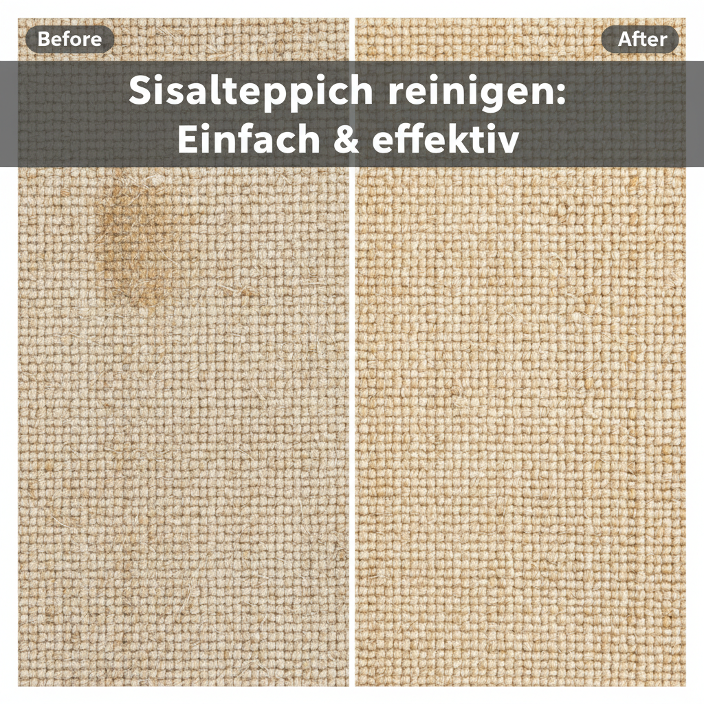 A crisp, high-quality studio photograph depicting a close-up 'before and after' comparison of sisal carpet fibers. The 'before' side shows subtle dirt or a dried, non-liquid stain. The 'after' side, clearly separated, reveals perfectly clean, vibrant sisal fibers, showcasing the transformative effect of effective and careful cleaning without damage. Text overlays like 'Before' and 'After' are subtly integrated.